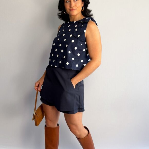 Women’s Navy Polka Dot Sleeveless Top – Bow-Shoulder Detail, Boxy Fit - Picture 7 of 8
